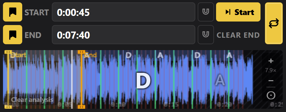 TransposeAny waveform with detected chord names D and A marked along the beat grid, the current chord D shown large in the center and the next chord A waiting to the right, with loop start and end markers set.