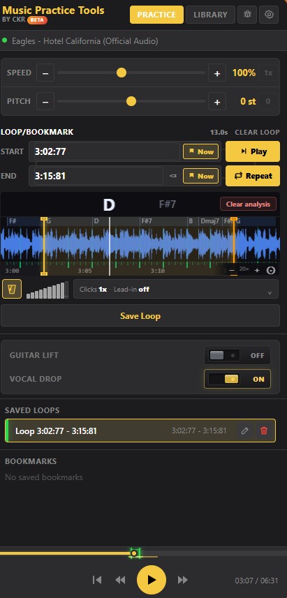 TransposeAny side panel showing speed and pitch controls, an A-B loop with start and end markers, detected chord names along the waveform, and saved loops.